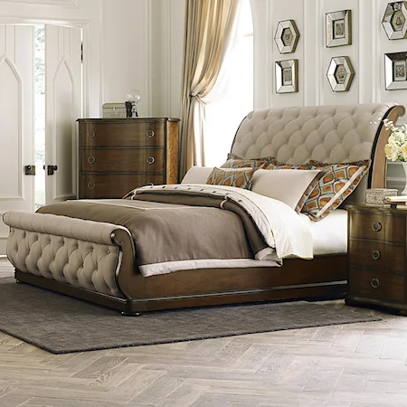 Transitional Upholstered King Sleigh Bed